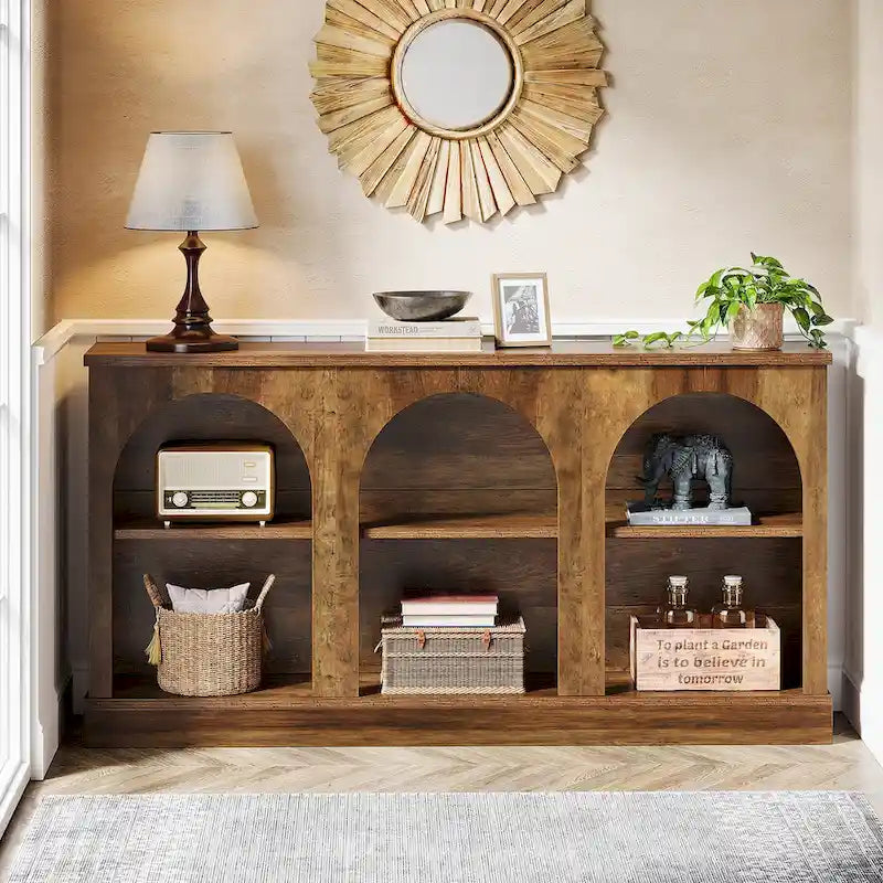 63-Inch Farmhouse Console Table 3-Tier Arched Open Shelves Entryway White Brown Black