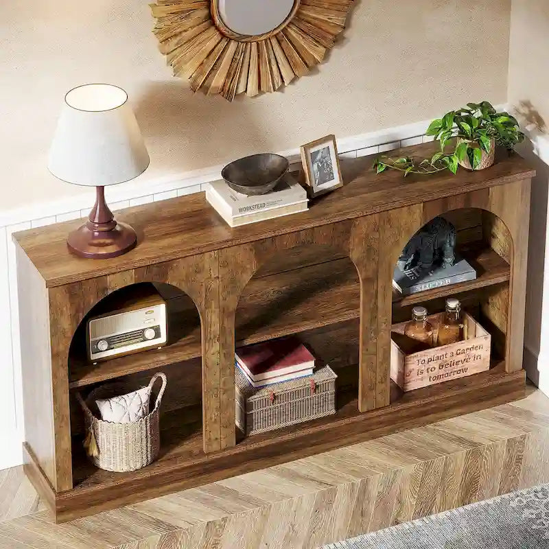 63-Inch Farmhouse Console Table 3-Tier Arched Open Shelves Entryway White Brown Black