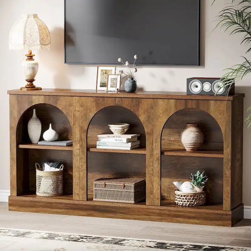 63-Inch Farmhouse Console Table 3-Tier Arched Open Shelves Entryway White Brown Black