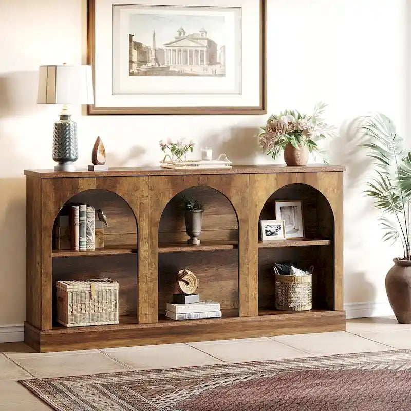 63-Inch Farmhouse Console Table 3-Tier Arched Open Shelves Entryway White Brown Black