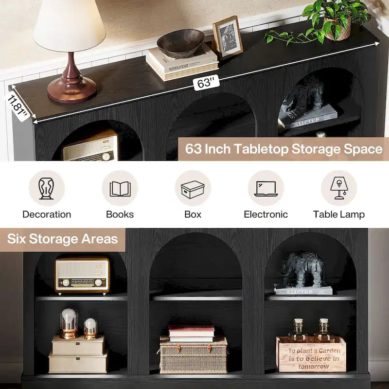 63-Inch Farmhouse Console Table 3-Tier Arched Open Shelves Entryway White Brown Black