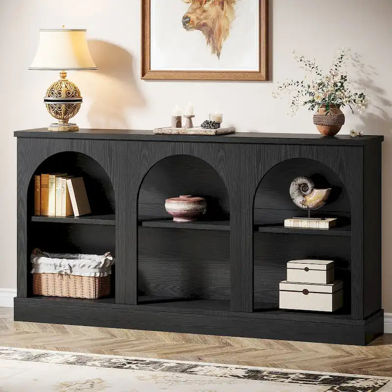 63-Inch Farmhouse Console Table 3-Tier Arched Open Shelves Entryway White Brown Black