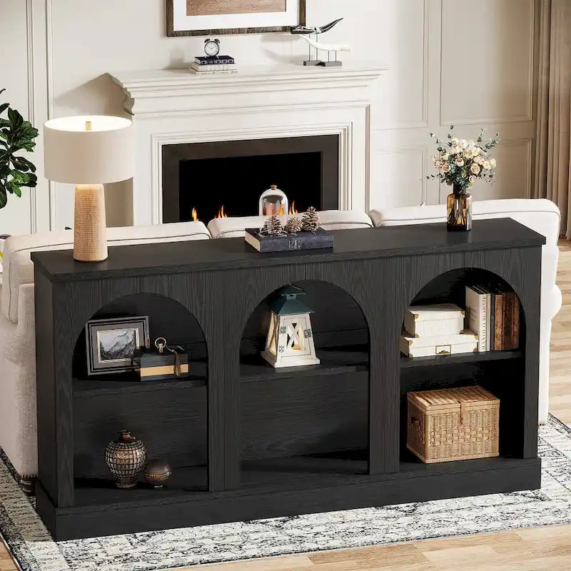 63-Inch Farmhouse Console Table 3-Tier Arched Open Shelves Entryway White Brown Black