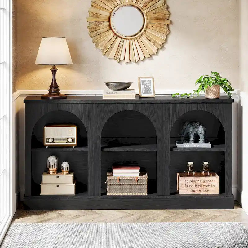 63-Inch Farmhouse Console Table 3-Tier Arched Open Shelves Entryway White Brown Black