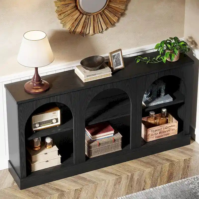 63-Inch Farmhouse Console Table 3-Tier Arched Open Shelves Entryway White Brown Black