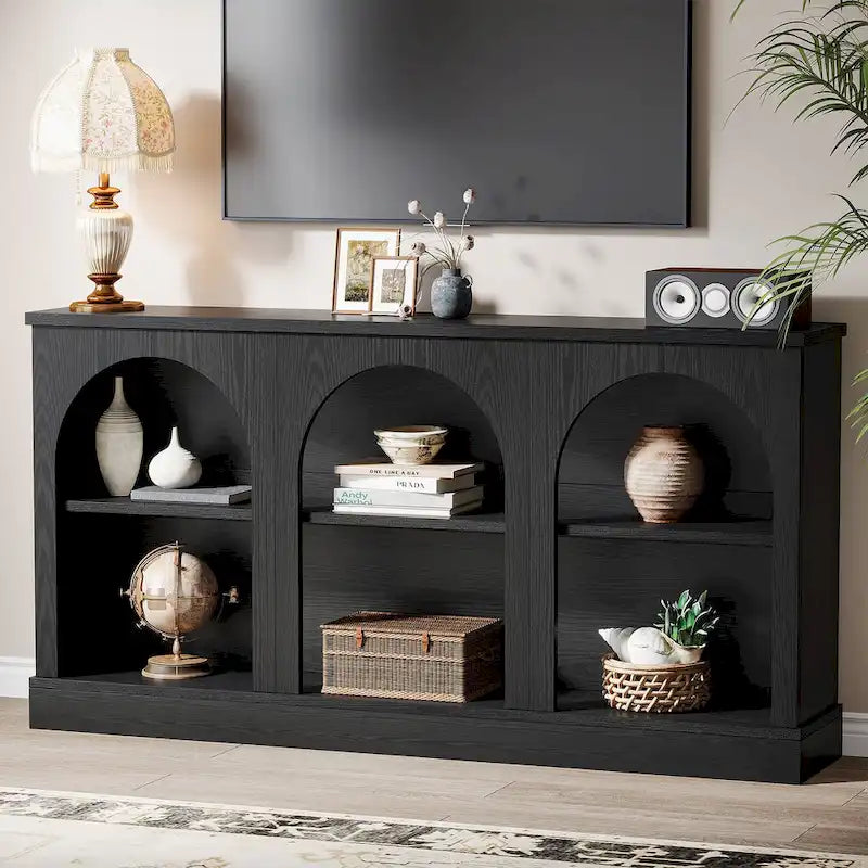 63-Inch Farmhouse Console Table 3-Tier Arched Open Shelves Entryway White Brown Black