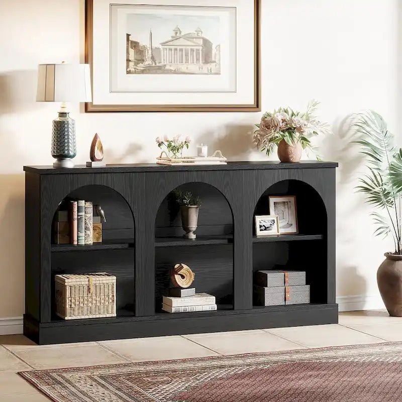 63-Inch Farmhouse Console Table 3-Tier Arched Open Shelves Entryway White Brown Black
