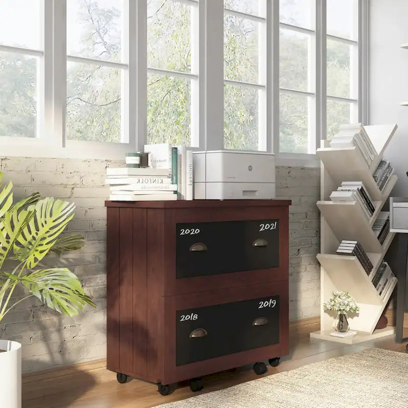2-Drawer Lateral File Cabinet Chalkboard Doors Brass Handles Caster Wheels Vintage Walnut