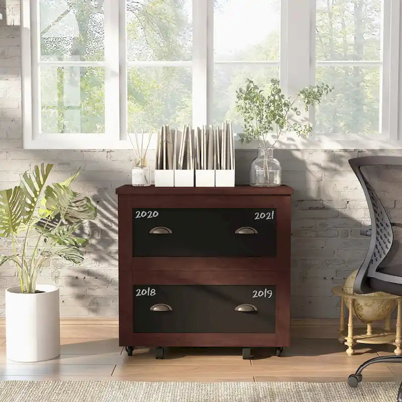 2-Drawer Lateral File Cabinet Chalkboard Doors Brass Handles Caster Wheels Vintage Walnut