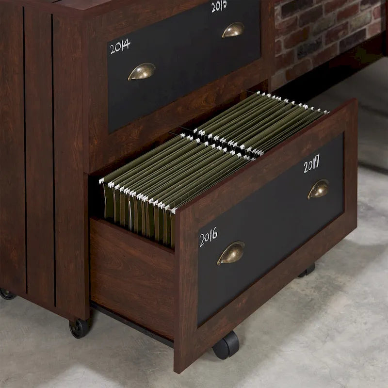 2-Drawer Lateral File Cabinet Chalkboard Doors Brass Handles Caster Wheels Vintage Walnut