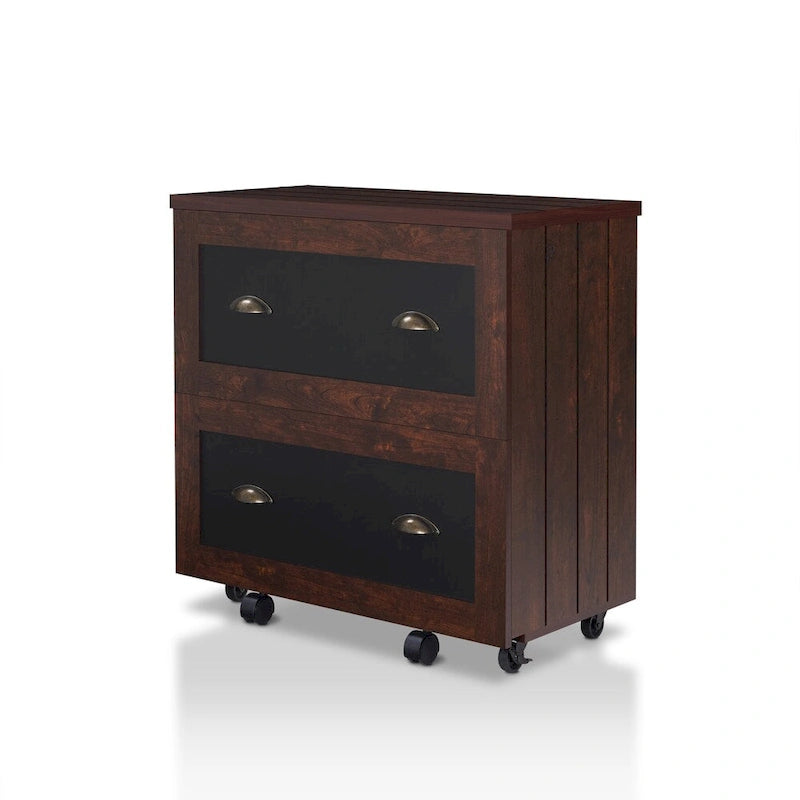 2-Drawer Lateral File Cabinet Chalkboard Doors Brass Handles Caster Wheels Vintage Walnut