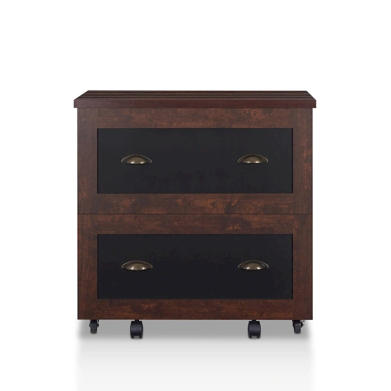 2-Drawer Lateral File Cabinet Chalkboard Doors Brass Handles Caster Wheels Vintage Walnut