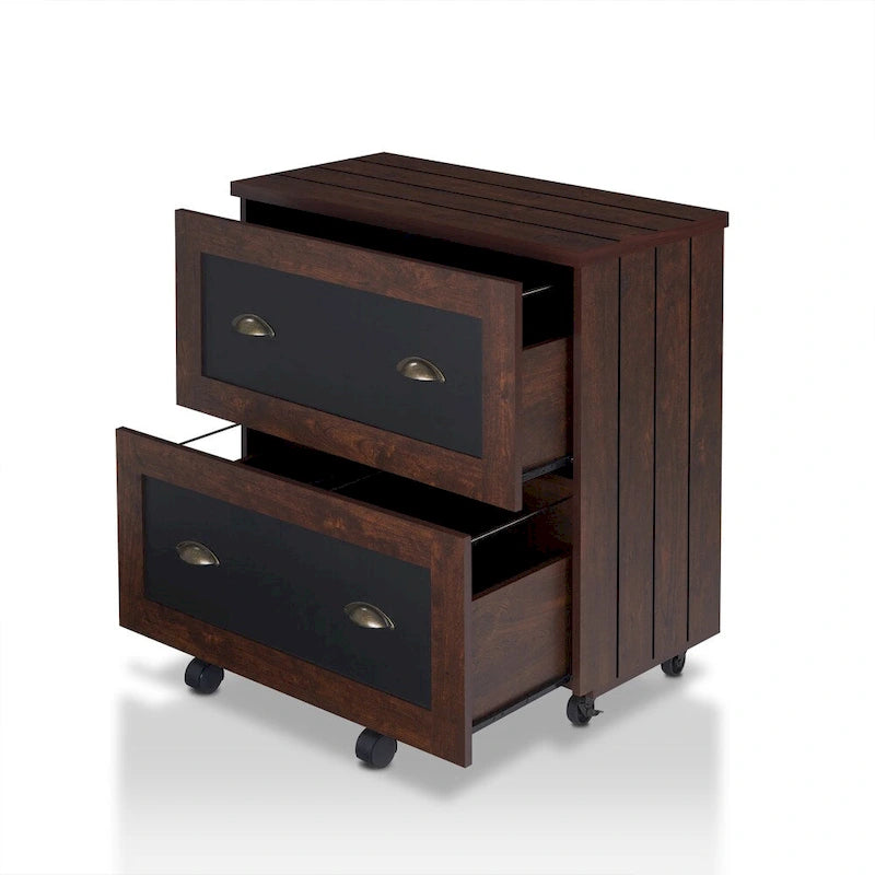 2-Drawer Lateral File Cabinet Chalkboard Doors Brass Handles Caster Wheels Vintage Walnut