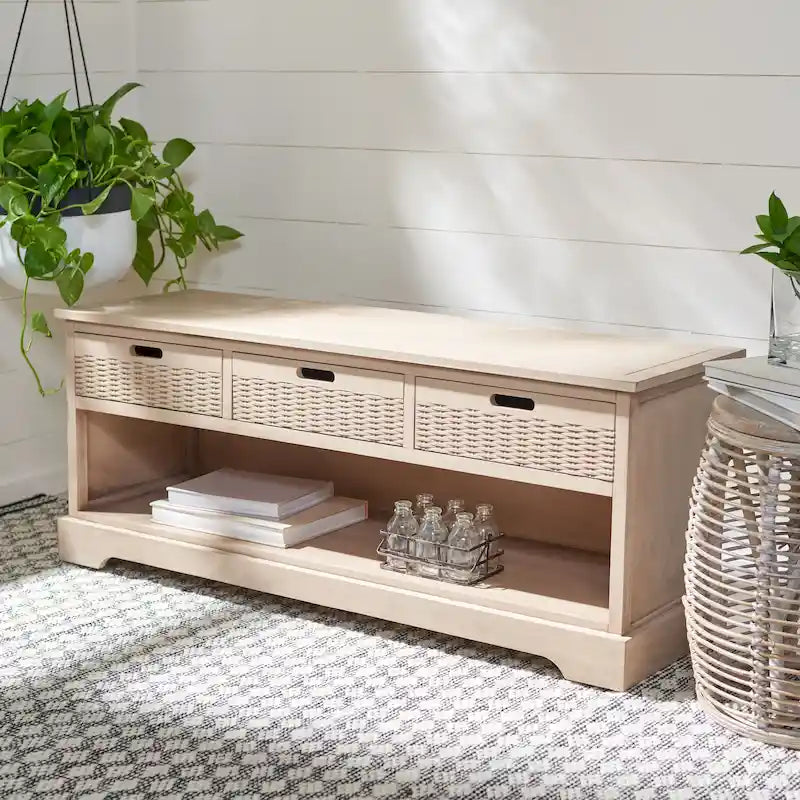 Storage Bench 3 Wicker Basket Drawers Open Shelf Wood Frame Sand Black Brown White