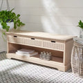 Storage Bench 3 Wicker Basket Drawers Open Shelf Wood Frame Sand Black Brown White