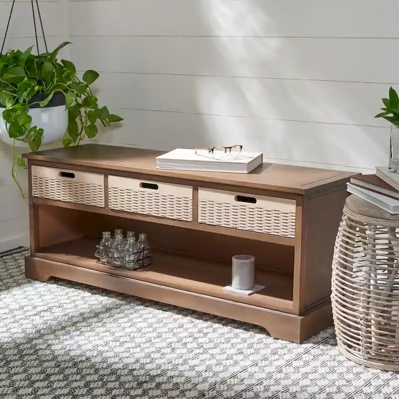 Storage Bench 3 Wicker Basket Drawers Open Shelf Wood Frame Sand Black Brown White
