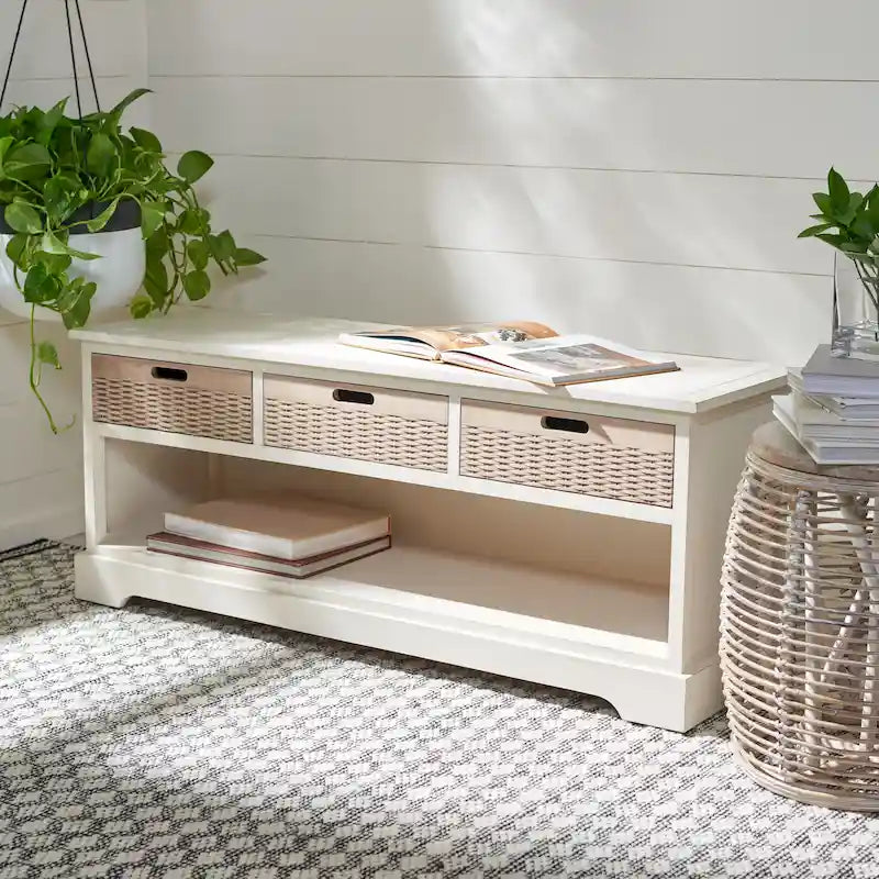 Storage Bench 3 Wicker Basket Drawers Open Shelf Wood Frame Sand Black Brown White