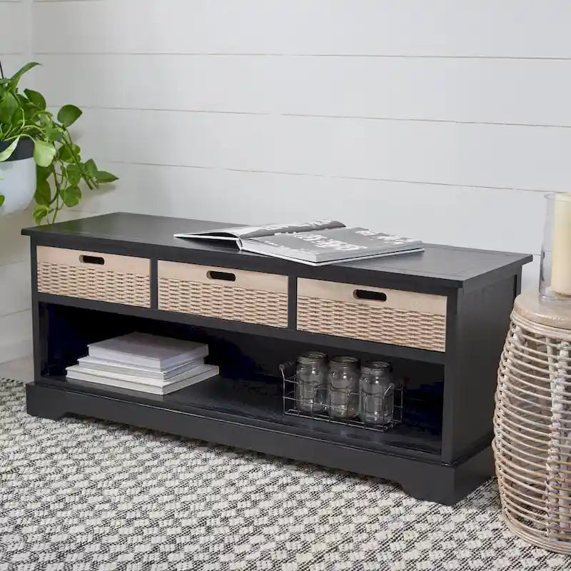 Storage Bench 3 Wicker Basket Drawers Open Shelf Wood Frame Sand Black Brown White