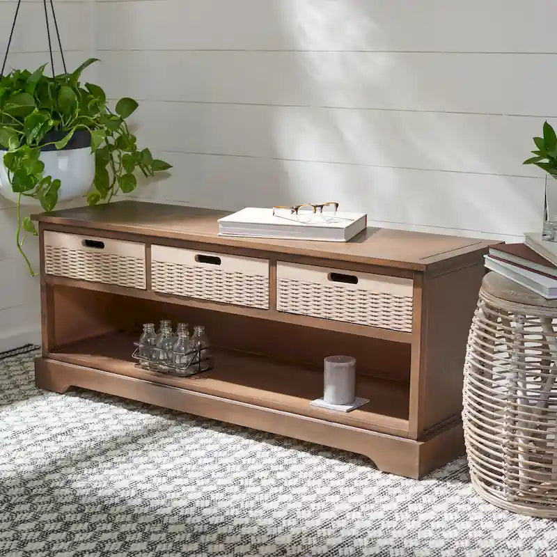 Storage Bench 3 Wicker Basket Drawers Open Shelf Wood Frame Sand Black Brown White