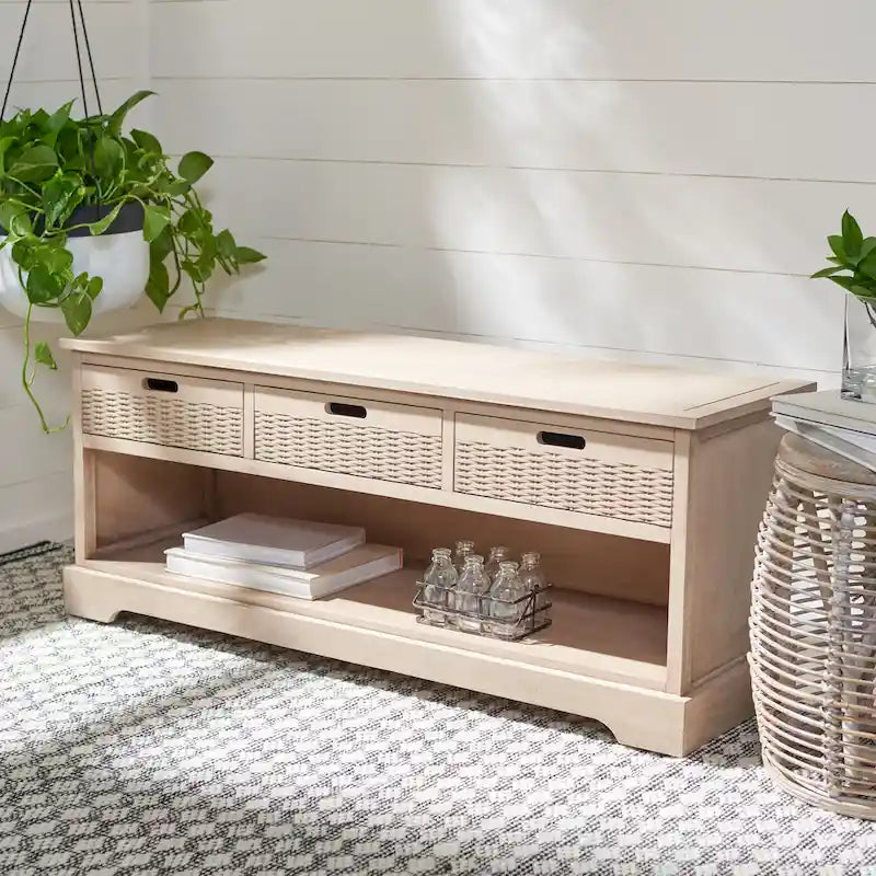 Storage Bench 3 Wicker Basket Drawers Open Shelf Wood Frame Sand Black Brown White