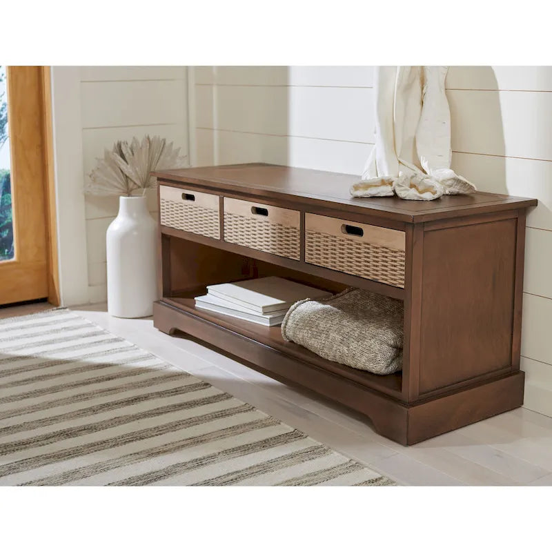 Storage Bench 3 Wicker Basket Drawers Open Shelf Wood Frame Sand Black Brown White