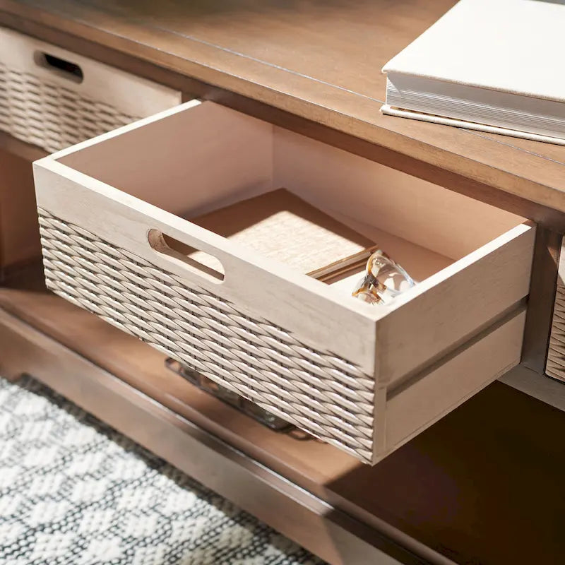 Storage Bench 3 Wicker Basket Drawers Open Shelf Wood Frame Sand Black Brown White