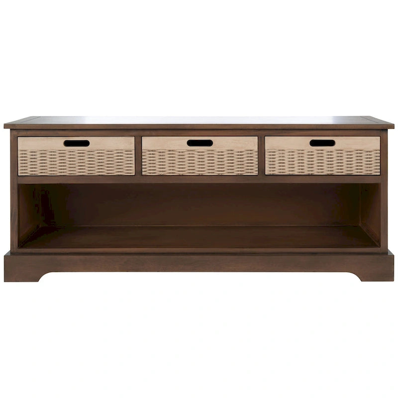Storage Bench 3 Wicker Basket Drawers Open Shelf Wood Frame Sand Black Brown White