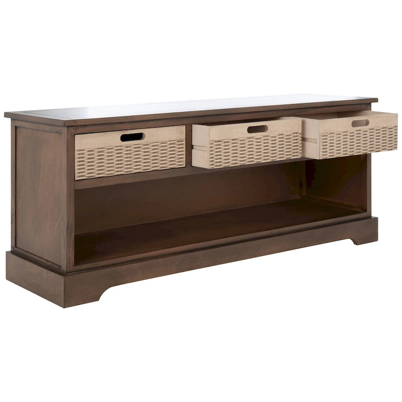 Storage Bench 3 Wicker Basket Drawers Open Shelf Wood Frame Sand Black Brown White