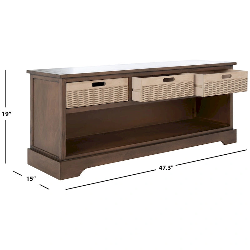 Storage Bench 3 Wicker Basket Drawers Open Shelf Wood Frame Sand Black Brown White