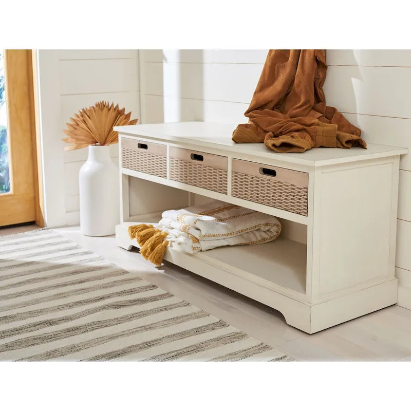 Storage Bench 3 Wicker Basket Drawers Open Shelf Wood Frame Sand Black Brown White