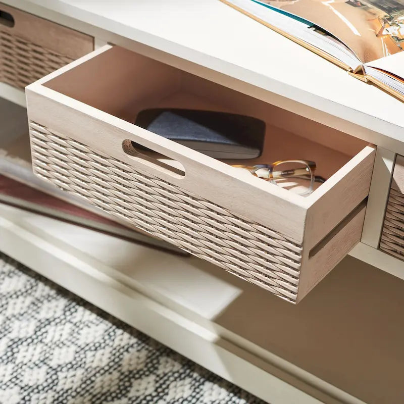 Storage Bench 3 Wicker Basket Drawers Open Shelf Wood Frame Sand Black Brown White