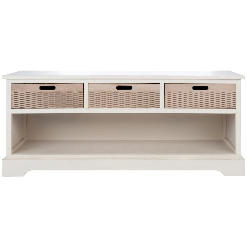 Storage Bench 3 Wicker Basket Drawers Open Shelf Wood Frame Sand Black Brown White