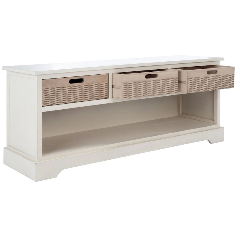 Storage Bench 3 Wicker Basket Drawers Open Shelf Wood Frame Sand Black Brown White