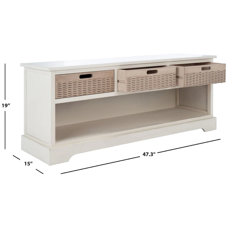 Storage Bench 3 Wicker Basket Drawers Open Shelf Wood Frame Sand Black Brown White