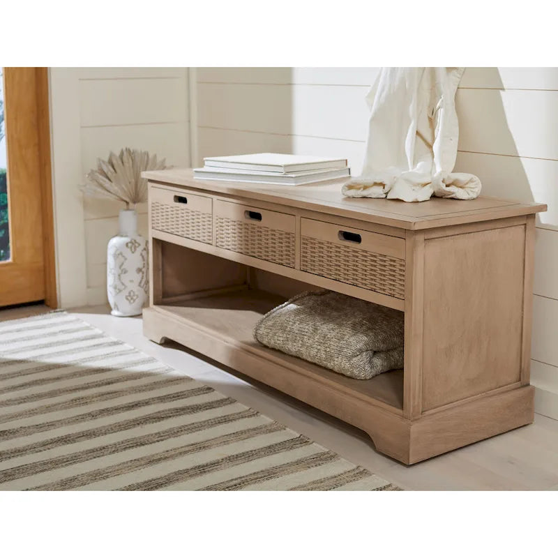Storage Bench 3 Wicker Basket Drawers Open Shelf Wood Frame Sand Black Brown White