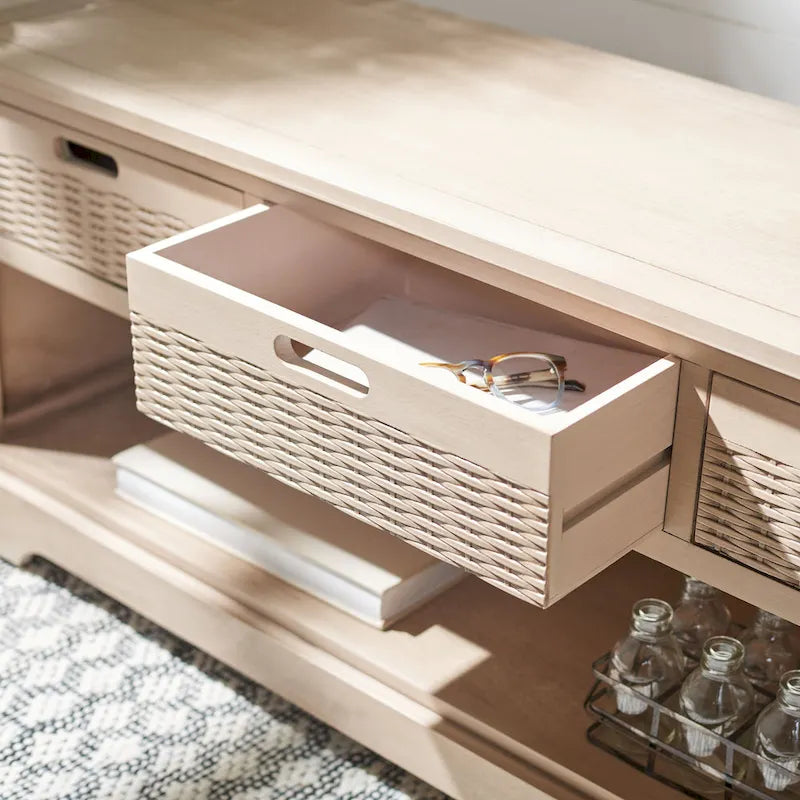 Storage Bench 3 Wicker Basket Drawers Open Shelf Wood Frame Sand Black Brown White