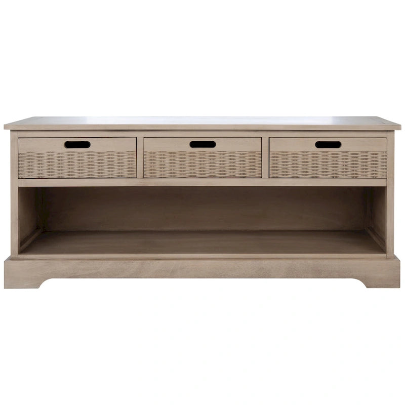 Storage Bench 3 Wicker Basket Drawers Open Shelf Wood Frame Sand Black Brown White