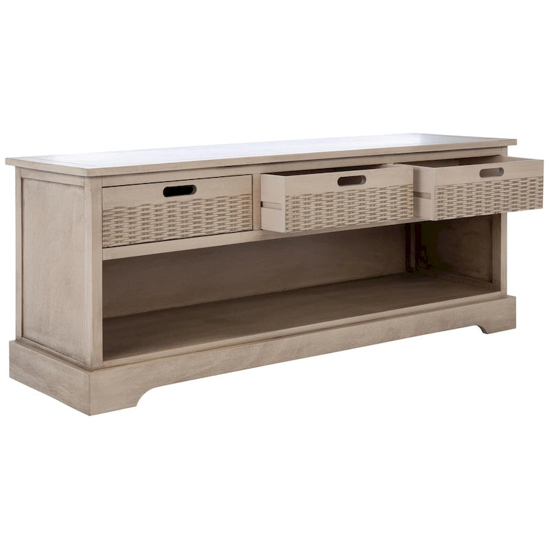 Storage Bench 3 Wicker Basket Drawers Open Shelf Wood Frame Sand Black Brown White