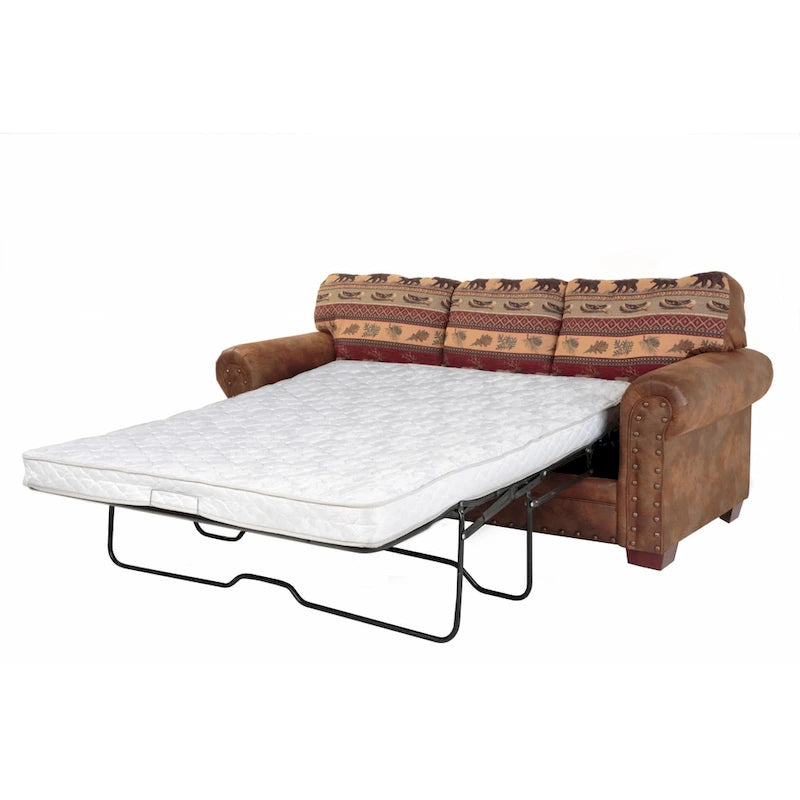 Rustieke slaapbank in lodge-stijl met zuidwestelijke print, opgerolde armleuningen, nagelkoprand, queensize matras, bruin