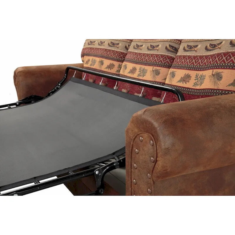 Rustikales Schlafsofa im Lodge-Stil mit Südwest-Print, gerollten Armlehnen und Nagelkopfbesatz, Queen-Matratze, Braun