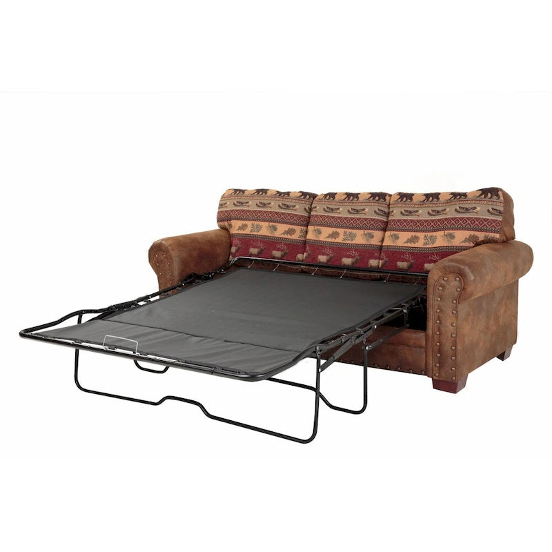 Rustieke slaapbank in lodge-stijl met zuidwestelijke print, opgerolde armleuningen, nagelkoprand, queensize matras, bruin