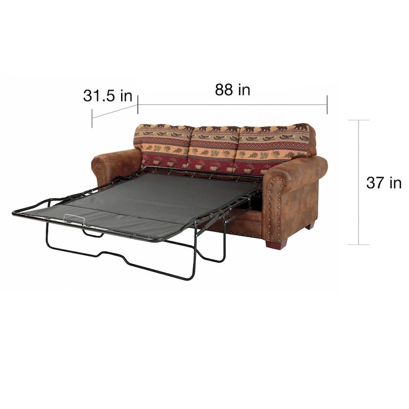 Rustieke slaapbank in lodge-stijl met zuidwestelijke print, opgerolde armleuningen, nagelkoprand, queensize matras, bruin