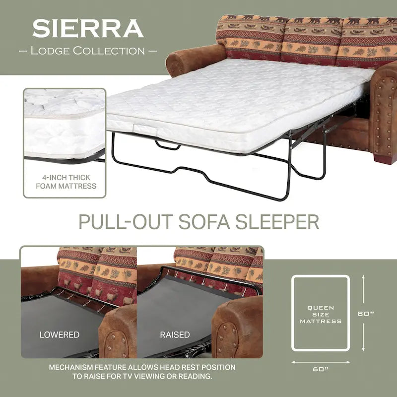 Rustieke slaapbank in lodge-stijl met zuidwestelijke print, opgerolde armleuningen, nagelkoprand, queensize matras, bruin