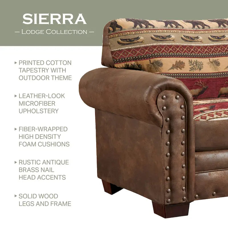 Rustieke slaapbank in lodge-stijl met zuidwestelijke print, opgerolde armleuningen, nagelkoprand, queensize matras, bruin