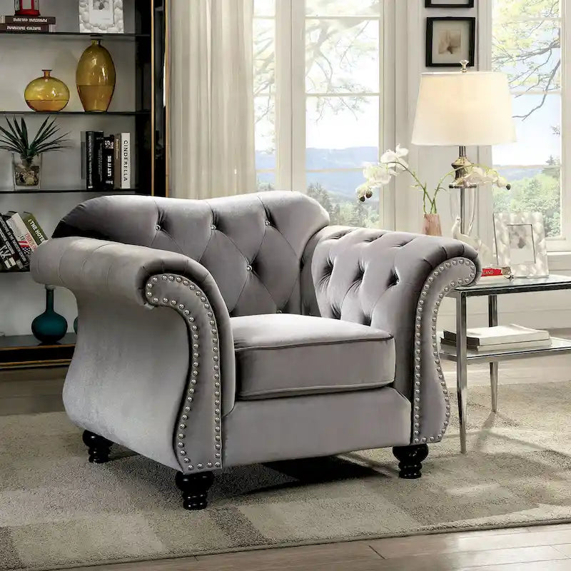 Velvet Button Tufted Chesterfield Accent Armchair with Nailhead Trim