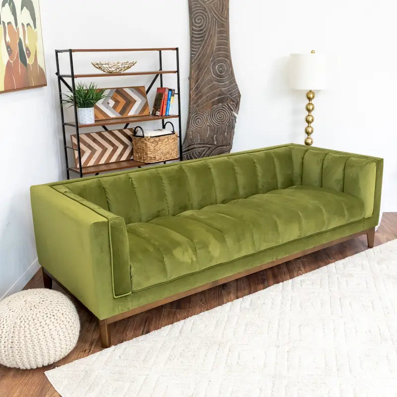 Mid-Century Modern Channel Tufted Sofa Velvet Boucle Wood Legs Green Ivory Orange
