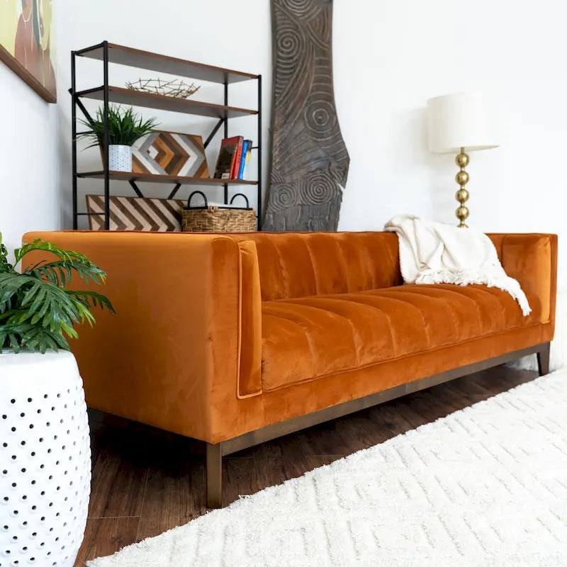 Mid-Century Modern Channel Tufted Sofa Velvet Boucle Wood Legs Green Ivory Orange