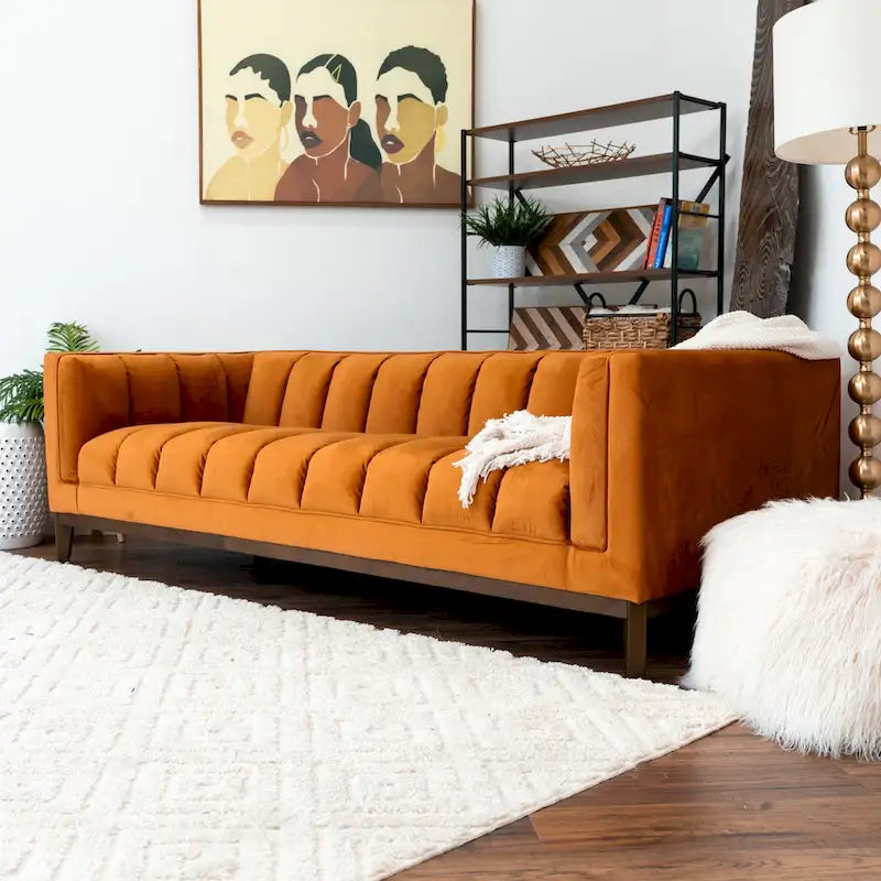 Mid-Century Modern Channel Tufted Sofa Velvet Boucle Wood Legs Green Ivory Orange