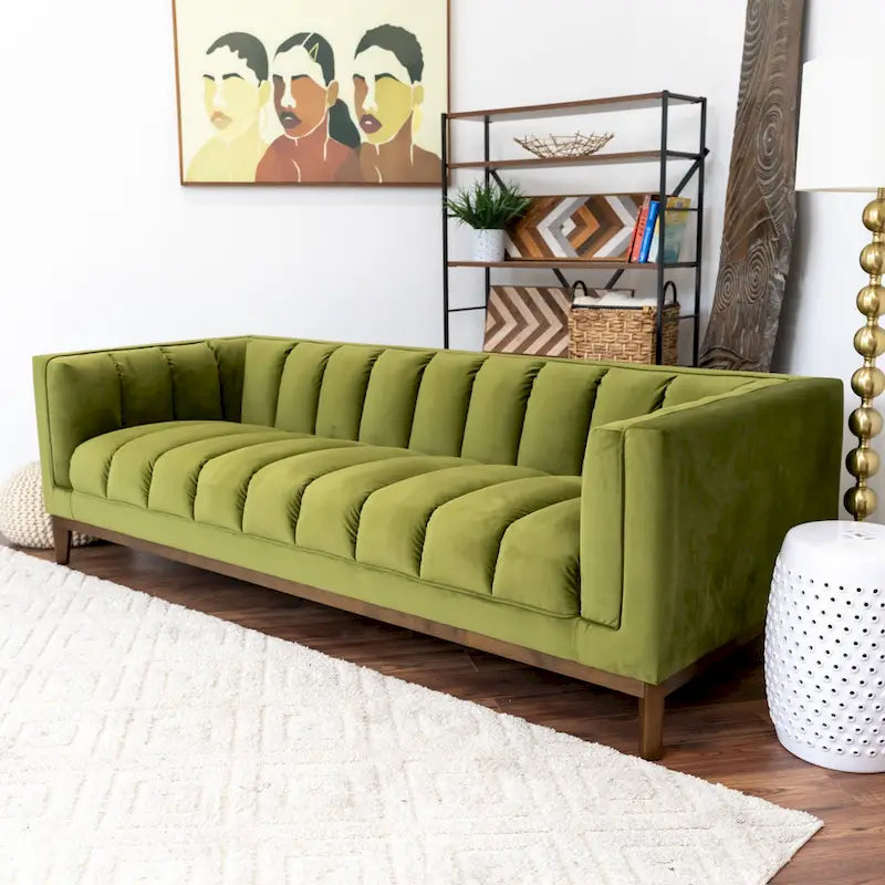 Mid-Century Modern Channel Tufted Sofa Velvet Boucle Wood Legs Green Ivory Orange