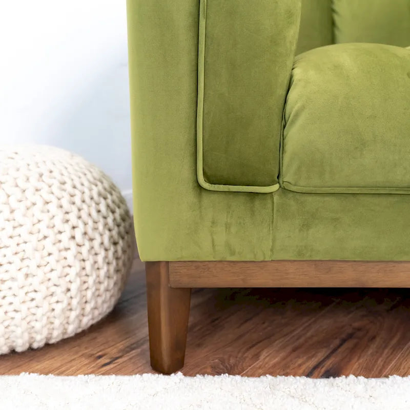 Mid-Century Modern Channel Tufted Sofa Velvet Boucle Wood Legs Green Ivory Orange